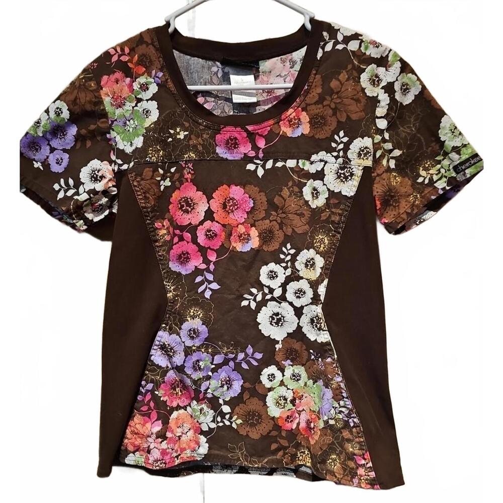 Cherokee Scrub Top Size Small White Brown Wildflower Mix Crew Neck